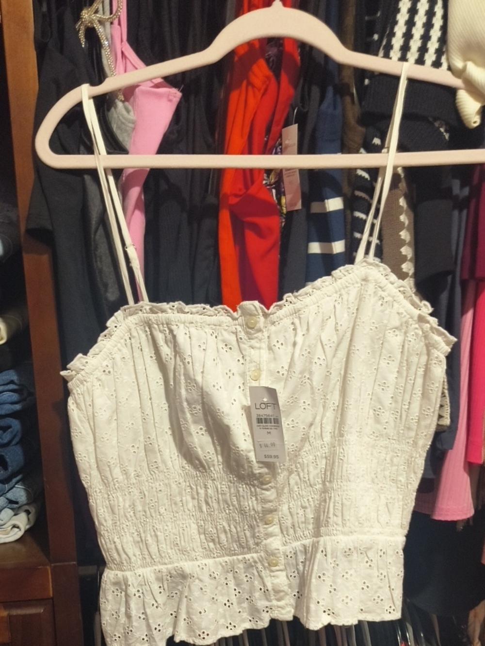 LOFT White Eyelet Button-Front Smocked Spaghetti Strap Camisole